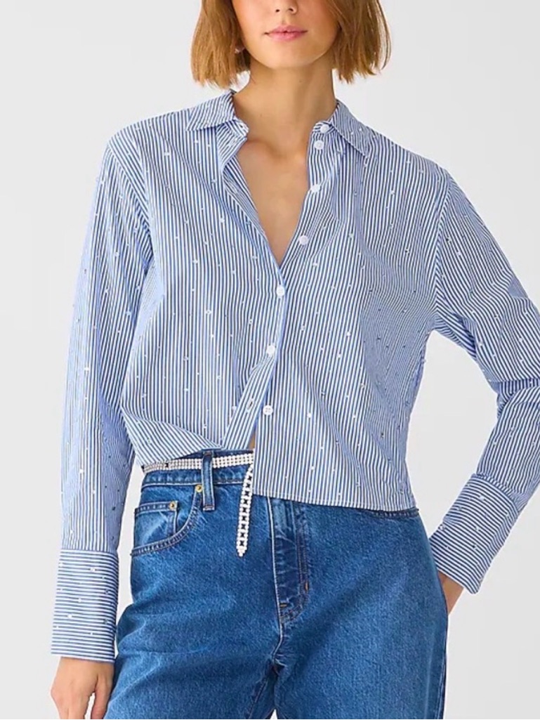 J.Crew Striped Cropped Garon Shirt With Rhinestones
